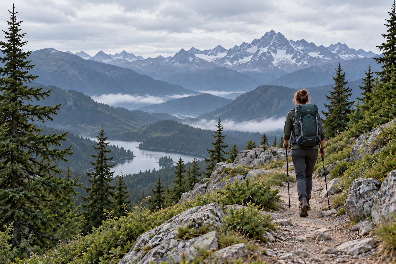 Wanderin mit Rucksack auf einem Bergweg